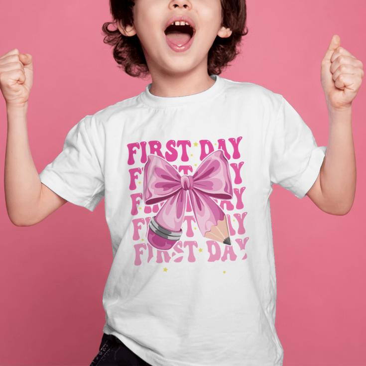 First Day Of School Girls Coquette Bow Back To School Performance Graphic Kid T-Shirt First Day Of School Girls Coquette Bow Back To School Performance Graphic Kid T-Shirt