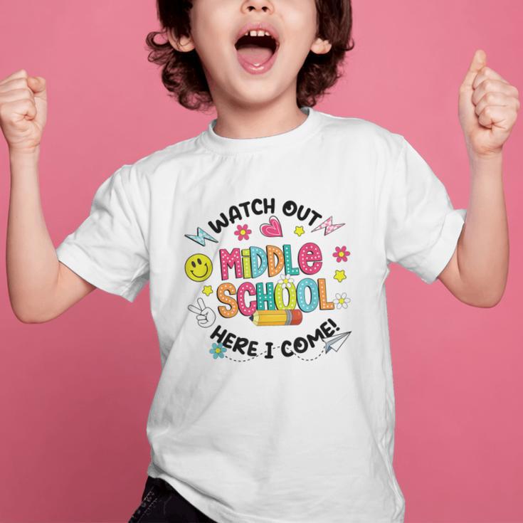 Groovy Watch Out Middle School Here I Come Back To School Graphic Kid T-Shirt Groovy Watch Out Middle School Here I Come Back To School Graphic Kid T-Shirt