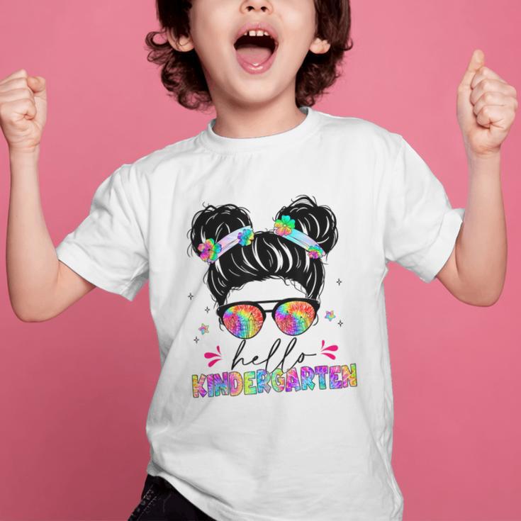 Hello Kindergarten Shirt Messy Bun Tie Dye Back To School Graphic Kid T-Shirt Hello Kindergarten Shirt Messy Bun Tie Dye Back To School Graphic Kid T-Shirt