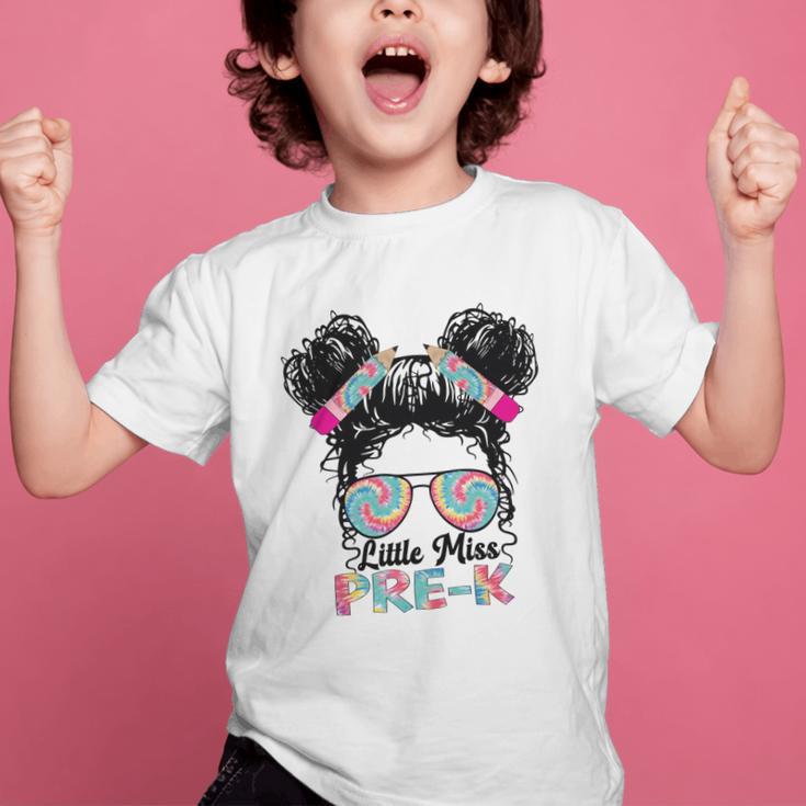 Little Miss Pre-K Girls Back To School Messy Bun Performance Graphic Kid T-Shirt Little Miss Pre-K Girls Back To School Messy Bun Performance Graphic Kid T-Shirt