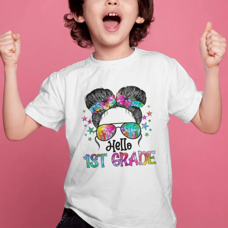 Messy Hair Bun Girl Back To School First Day Hello 1st Grade Graphic Kid T-Shirt