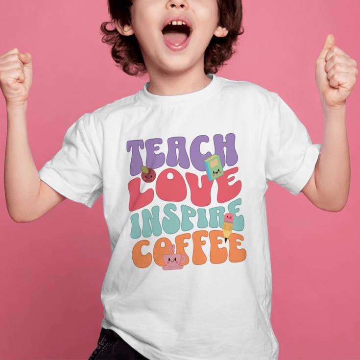 Teach Love Inspire Coffee Cute Teaching Quote Back To School Graphic Kid T-Shirt