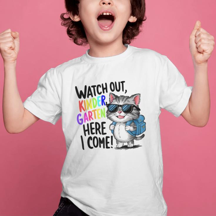 Watch Out Kindergarten Here I Come Cute Cat Back To School Graphic Kid T-Shirt Watch Out Kindergarten Here I Come Cute Cat Back To School Graphic Kid T-Shirt
