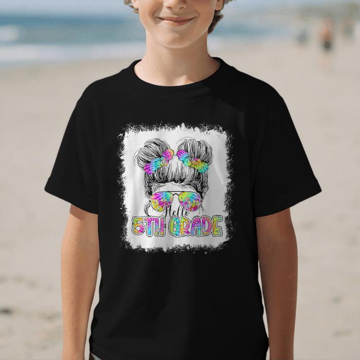 Back To School Hello 5th Grade Cute Messy Bun Tie Dye Girls Graphic Kid T-Shirt
