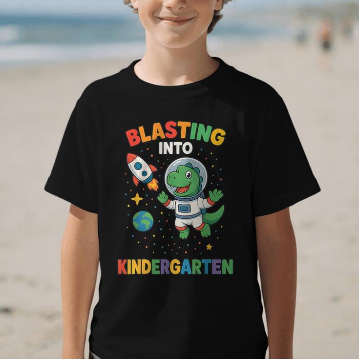 Blasting Into Kindergarten Dinosaur Astronaut Back To School Graphic Kid T-Shirt