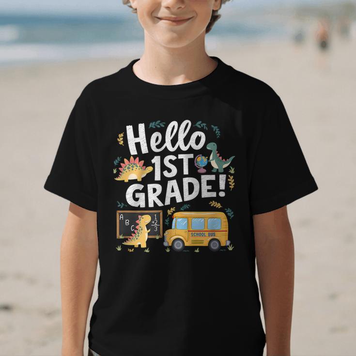 Cute Hello 1st Grade Dinosaur School Back To School Dino Bus Graphic Kid T-Shirt