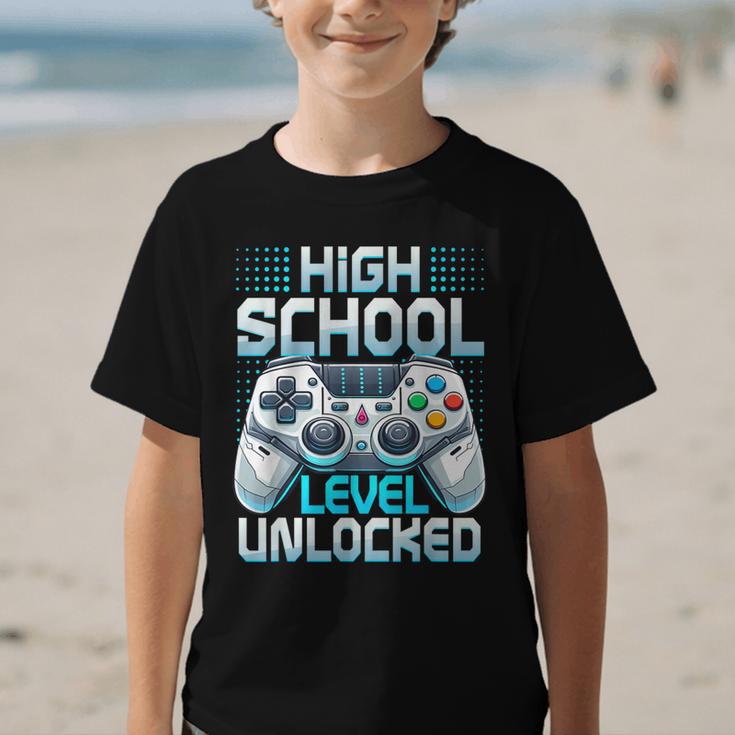 First Day Of High School Level Unlocked Back To School Gamer Graphic Kid T-Shirt First Day Of High School Level Unlocked Back To School Gamer Graphic Kid T-Shirt