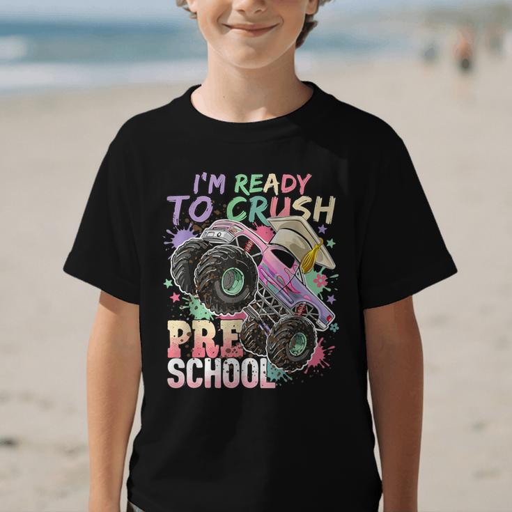 Girls Monster Trucks Ready To Crush Preschool Back To School Graphic Kid T-Shirt