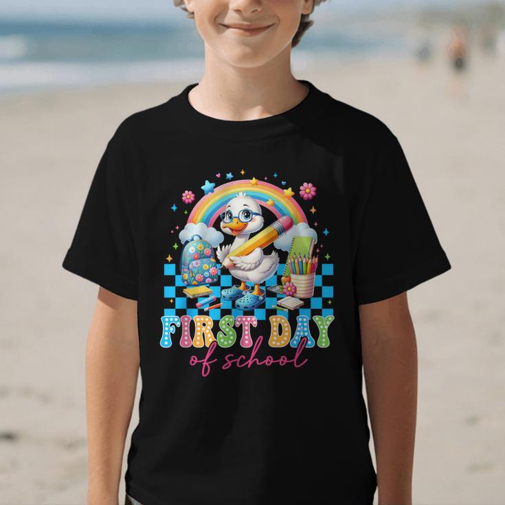 Happy First Day Of School Goose Cute Duck Back To School Graphic Kid T-Shirt Happy First Day Of School Goose Cute Duck Back To School Graphic Kid T-Shirt