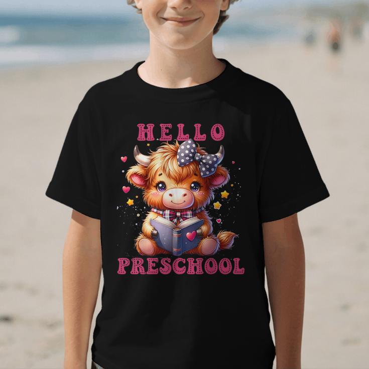 Hello Preschool Cute Highland Cow Lover Back To School Graphic Kid T-Shirt Hello Preschool Cute Highland Cow Lover Back To School Graphic Kid T-Shirt