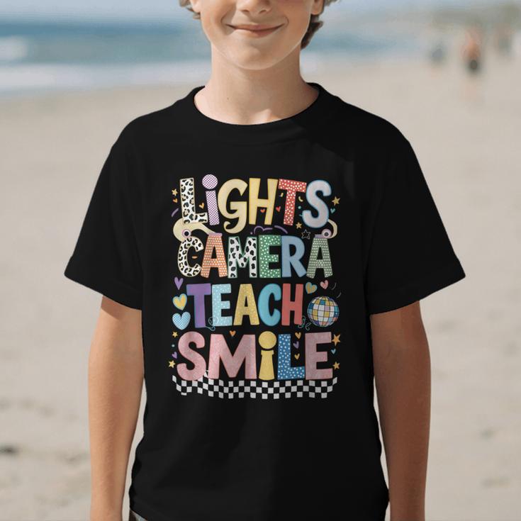 Lights Camera Teach Smile Back To School Awesome Learners Graphic Kid T-Shirt Lights Camera Teach Smile Back To School Awesome Learners Graphic Kid T-Shirt