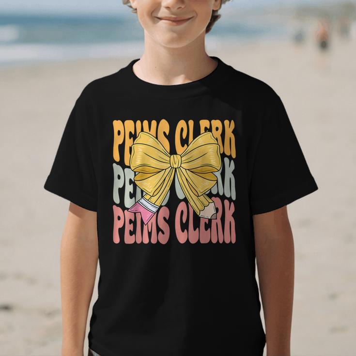 Peims Clerk Groovy Coquette Bow Cute Back To School Graphic Kid T-Shirt Peims Clerk Groovy Coquette Bow Cute Back To School Graphic Kid T-Shirt