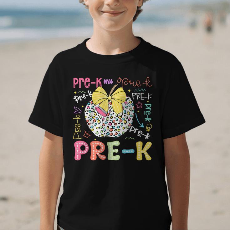 Pre-K Typography First Day Back To School Leopard Apple Graphic Kid T-Shirt