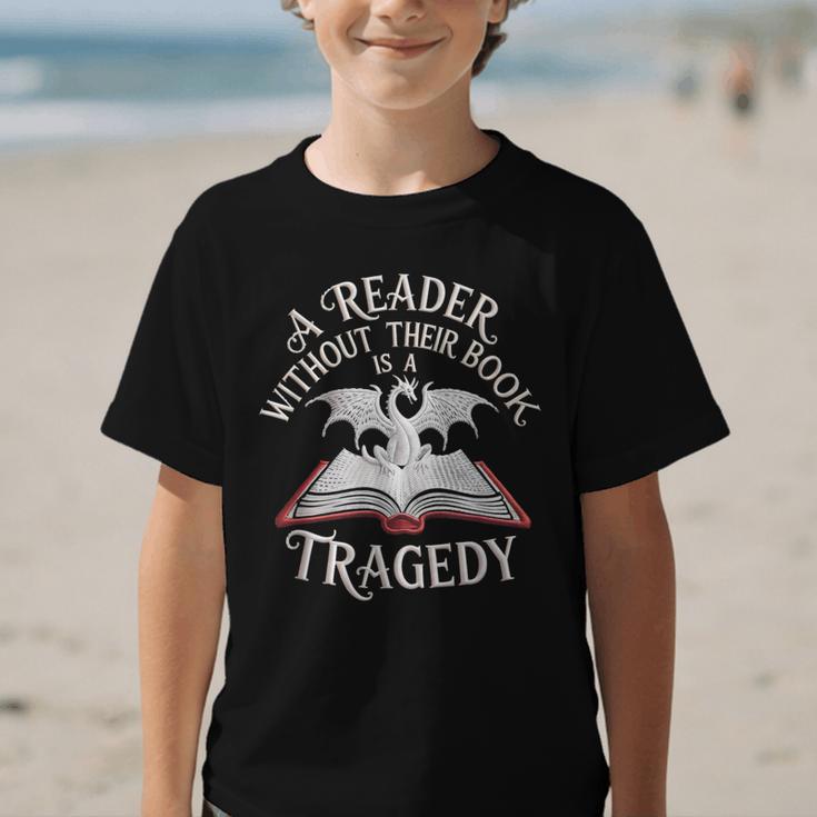 A Reader Without Their Book Is a Tragedy Back To School Graphic Kid T-Shirt A Reader Without Their Book Is a Tragedy Back To School Graphic Kid T-Shirt