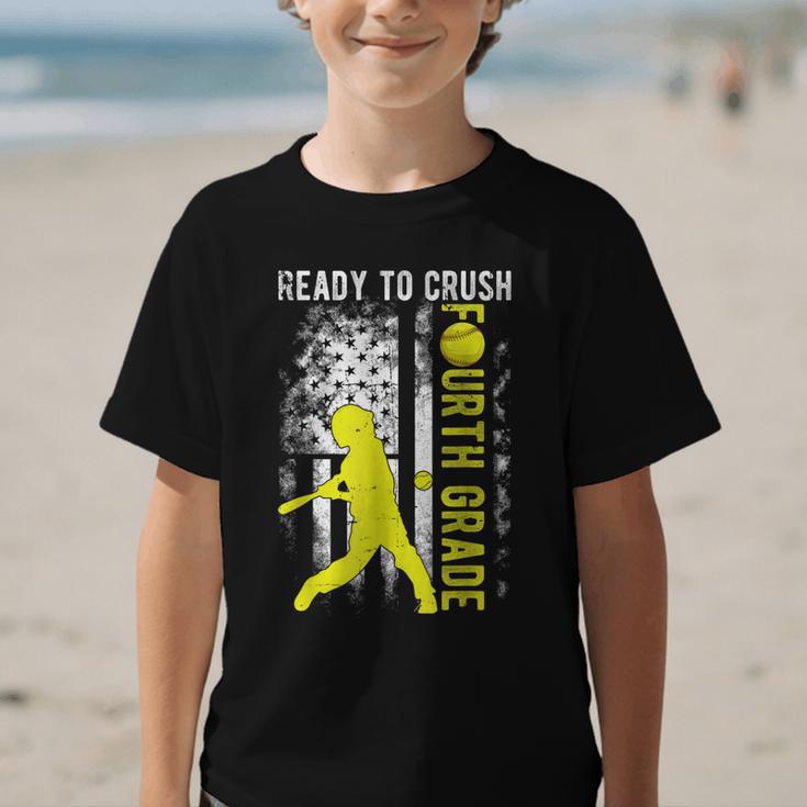 Ready To Crush Fourth Grade Softball USA Flag Back To School Graphic Kid T-Shirt