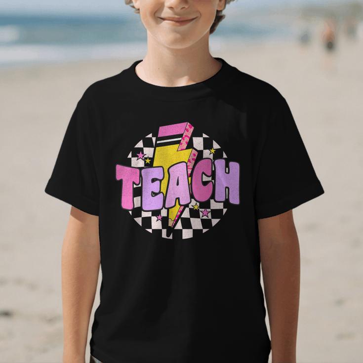 Retro Checkered Teach Pencil Lightning Back To School Graphic Kid T-Shirt