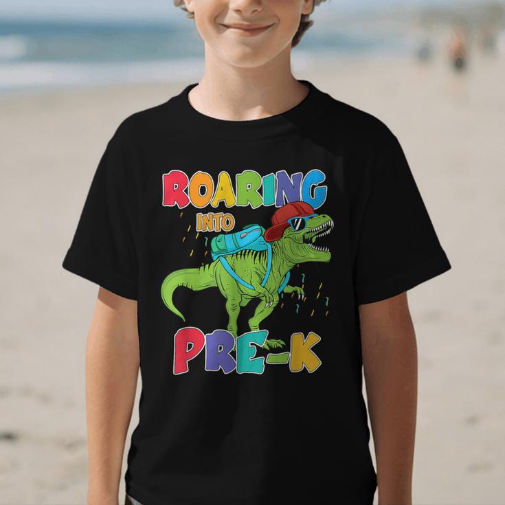Roaring Into Pre-K Preschool Dinosaur Back To School Graphic Kid T-Shirt Roaring Into Pre-K Preschool Dinosaur Back To School Graphic Kid T-Shirt