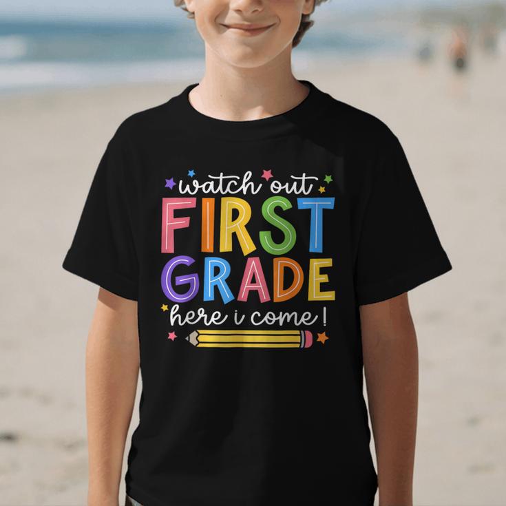 Watch Out First Grade Here I Come 1St Grade Back To School Graphic Kid T-Shirt Watch Out First Grade Here I Come 1St Grade Back To School Graphic Kid T-Shirt