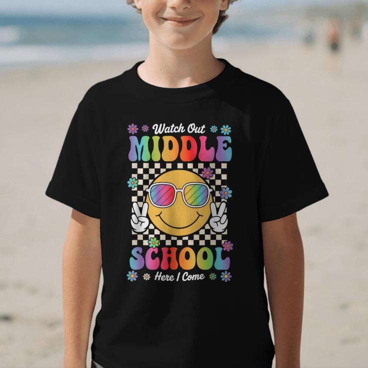 Watch Out Middle School Here I Come Back To School Student Graphic Kid T-Shirt
