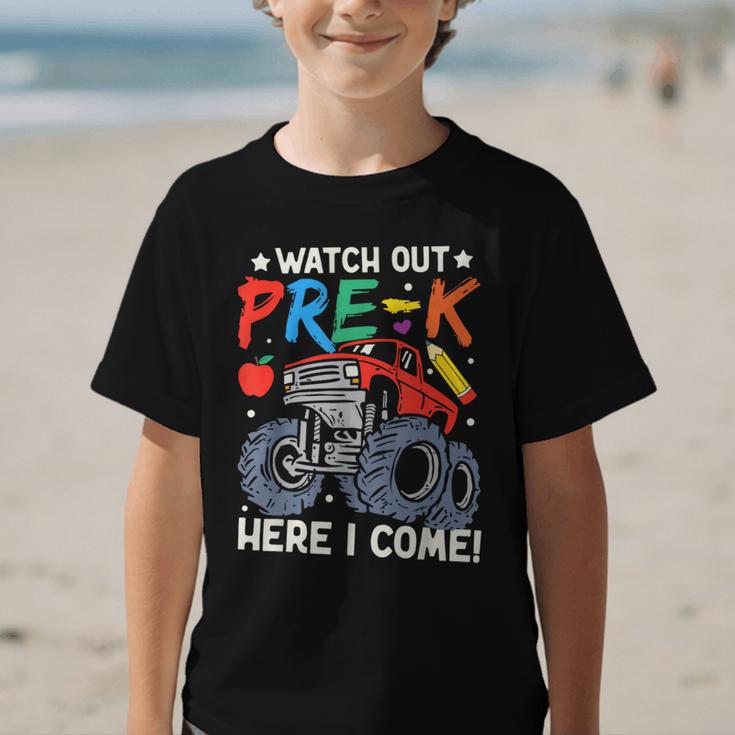Watch Out Pre-K Here I Come Monster Truck Back To School Graphic Kid T-Shirt