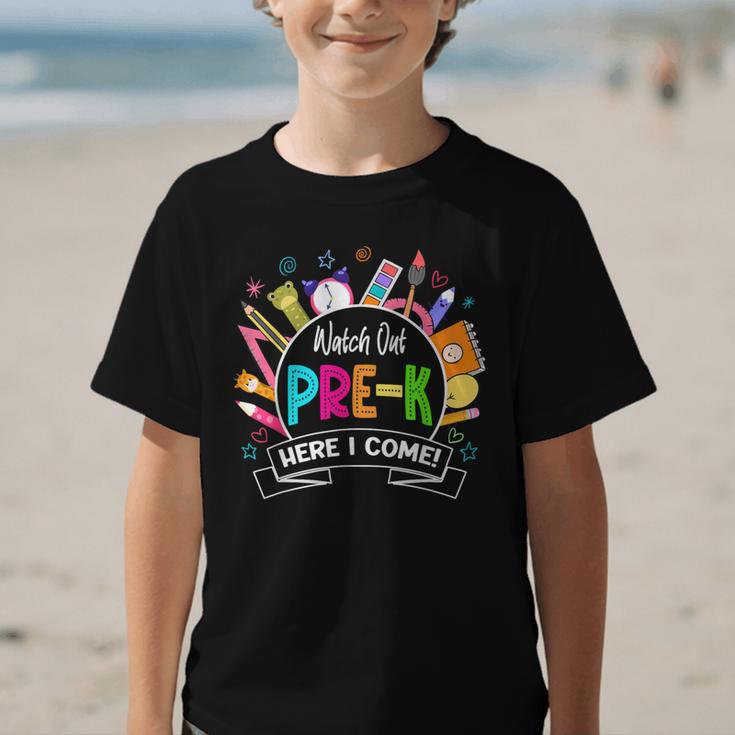 Watch Out Pre-Kindergarten Here I Come Back To School Pre-K Graphic Kid T-Shirt