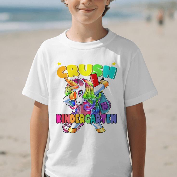 Crush Kindergarten Dabbing Unicorn Back To School Girls Performance Graphic Kid T-Shirt