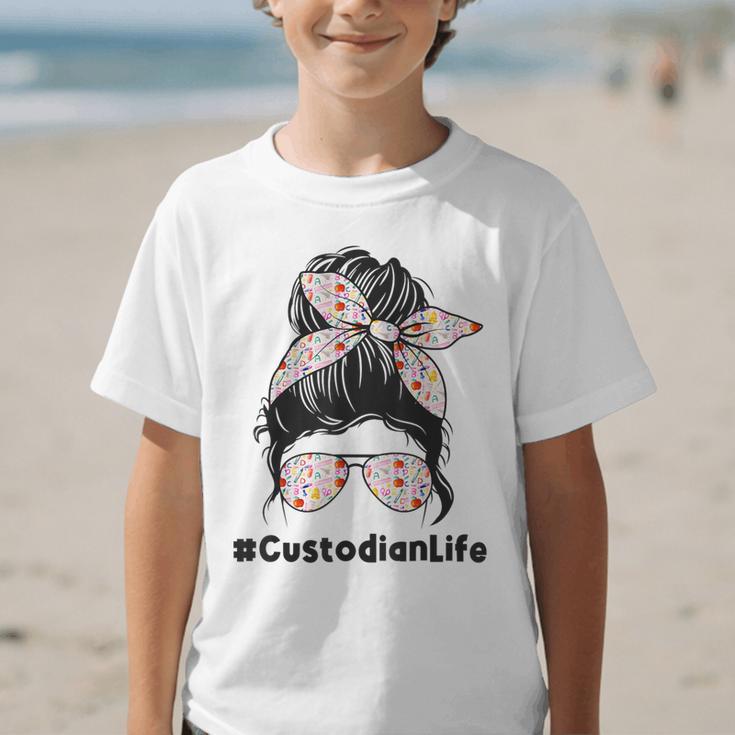 Custodian Life Messy Bun Hair Glasses Leopard Back To School Graphic Kid T-Shirt Custodian Life Messy Bun Hair Glasses Leopard Back To School Graphic Kid T-Shirt