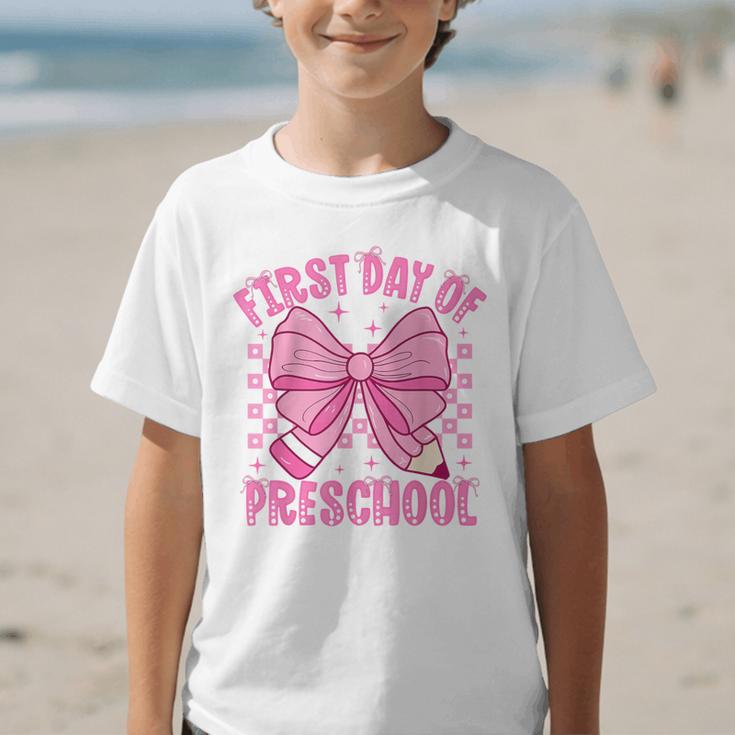 First Day Of Preschool Coquette Bow Back To School Girls Graphic Kid T-Shirt First Day Of Preschool Coquette Bow Back To School Girls Graphic Kid T-Shirt