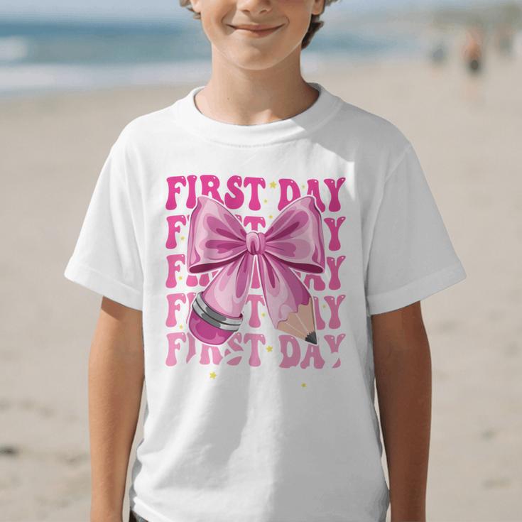 First Day Of School Girls Coquette Bow Back To School Performance Graphic Kid T-Shirt First Day Of School Girls Coquette Bow Back To School Performance Graphic Kid T-Shirt