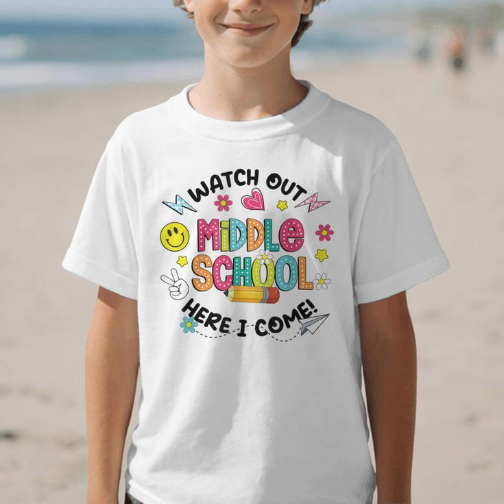 Groovy Watch Out Middle School Here I Come Back To School Graphic Kid T-Shirt Groovy Watch Out Middle School Here I Come Back To School Graphic Kid T-Shirt