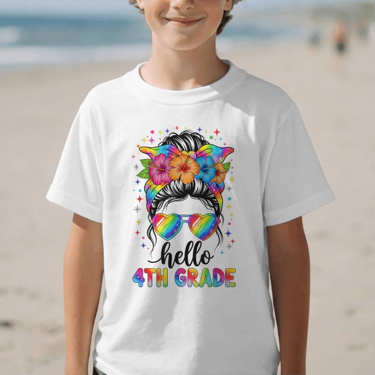Hello 4th Grade Messy Bun Girls Back To School First Day Graphic Kid T-Shirt Hello 4th Grade Messy Bun Girls Back To School First Day Graphic Kid T-Shirt