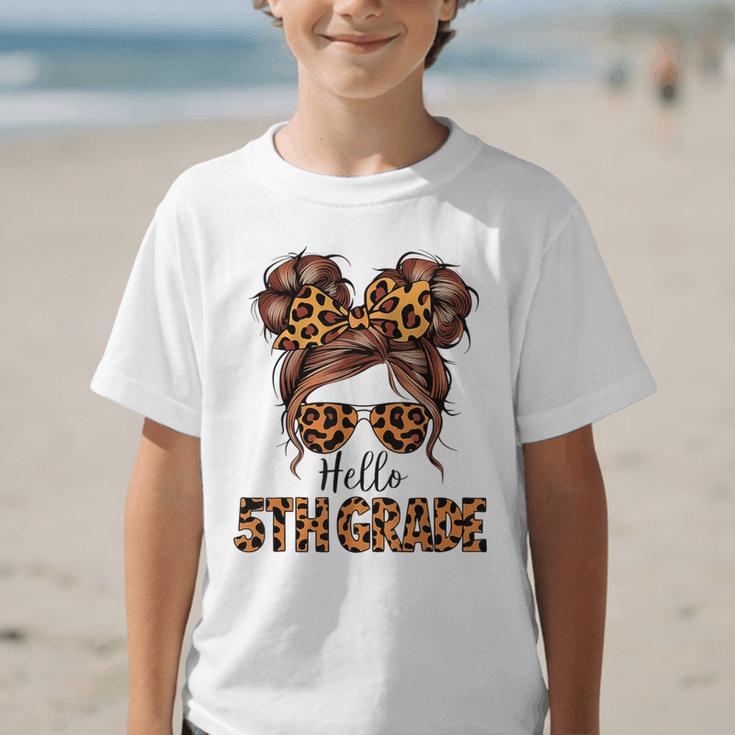 Hello 5th Grade Messy Hair Bun Girl Back To School First Day Graphic Kid T-Shirt Hello 5th Grade Messy Hair Bun Girl Back To School First Day Graphic Kid T-Shirt