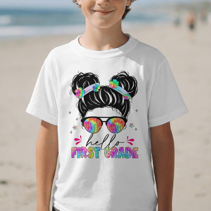 Hello First Grade Shirt Messy Bun Tie Dye Back To School Graphic Kid T-Shirt