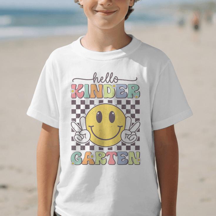 Hello Kindergarten Hippie Smile Face Back To School Graphic Kid T-Shirt Hello Kindergarten Hippie Smile Face Back To School Graphic Kid T-Shirt