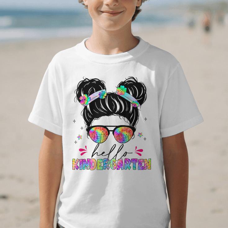 Hello Kindergarten Shirt Messy Bun Tie Dye Back To School Graphic Kid T-Shirt Hello Kindergarten Shirt Messy Bun Tie Dye Back To School Graphic Kid T-Shirt