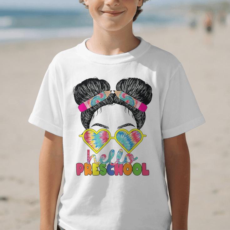 Hello Preschool Messy Bun Tie Dye Back To School Girls Kids Graphic Kid T-Shirt