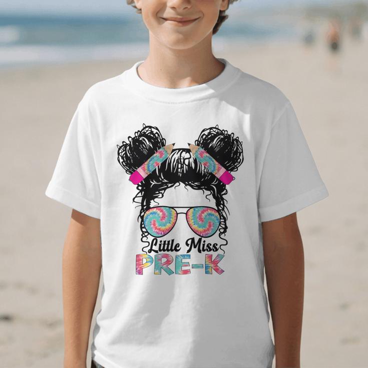 Little Miss Pre-K Girls Back To School Messy Bun Performance Graphic Kid T-Shirt Little Miss Pre-K Girls Back To School Messy Bun Performance Graphic Kid T-Shirt