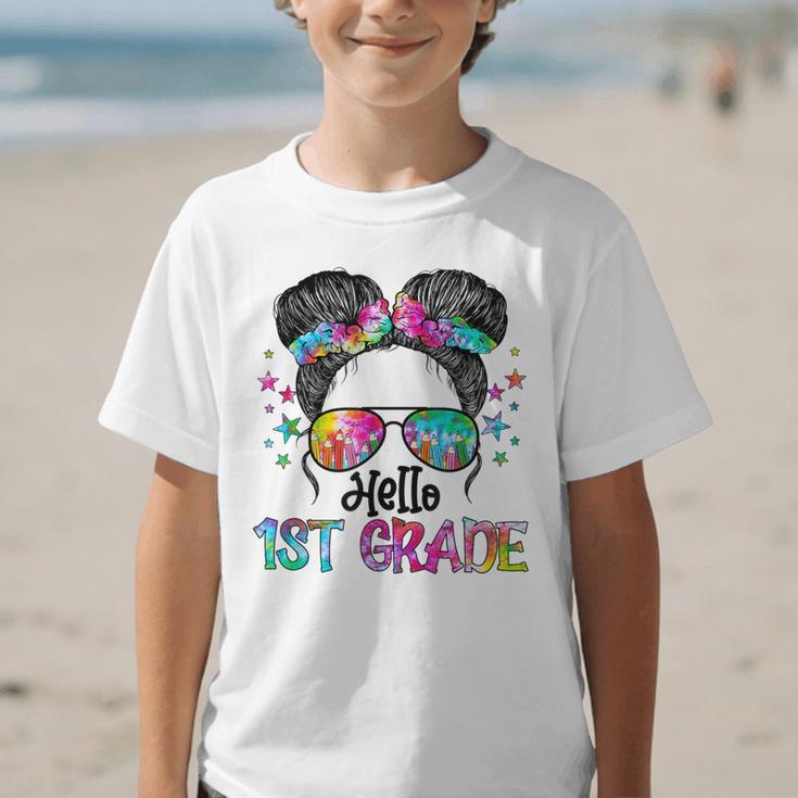 Messy Hair Bun Girl Back To School First Day Hello 1st Grade Graphic Kid T-Shirt