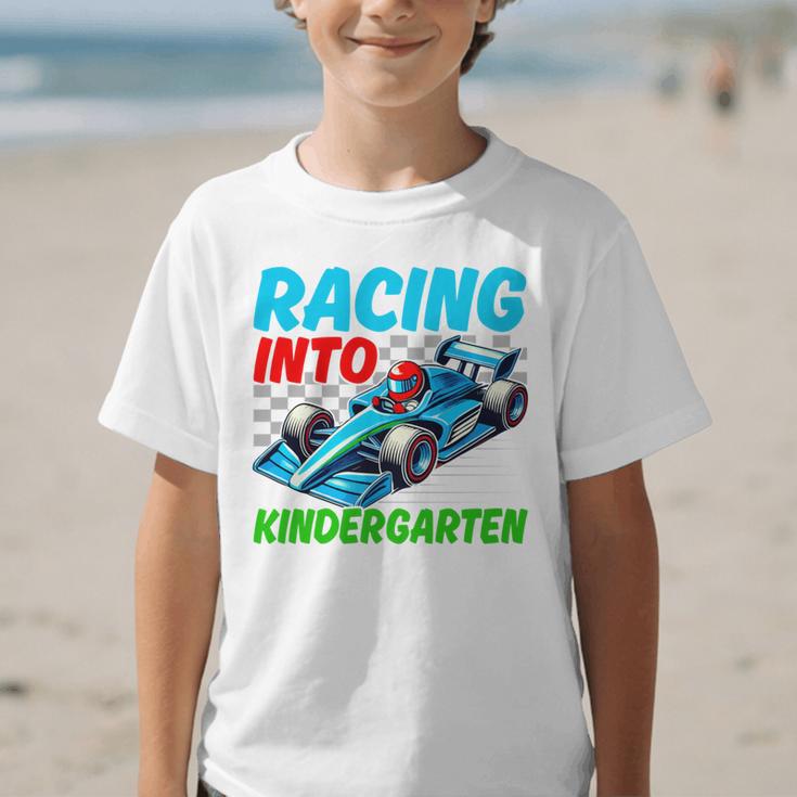 Racing Into Kindergarten Race Car Driver Back To School Performance Graphic Kid T-Shirt Racing Into Kindergarten Race Car Driver Back To School Performance Graphic Kid T-Shirt