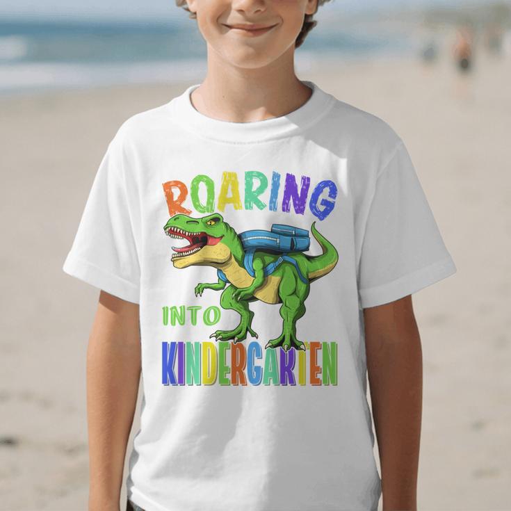 Roaring Into Kindergarten DinosaurRex Back To School Boys Performance Graphic Kid T-Shirt