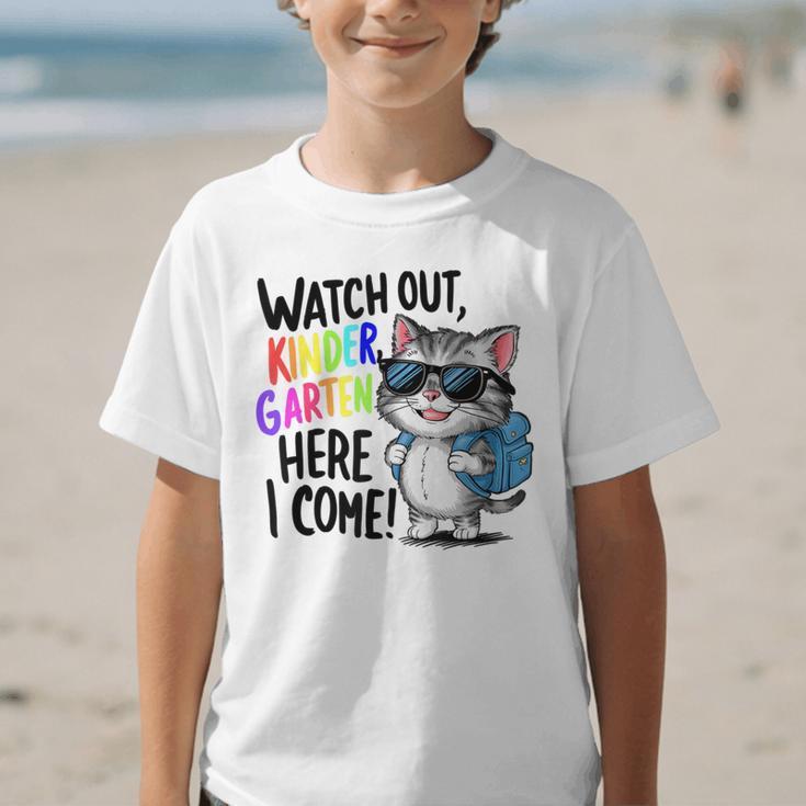 Watch Out Kindergarten Here I Come Cute Cat Back To School Graphic Kid T-Shirt Watch Out Kindergarten Here I Come Cute Cat Back To School Graphic Kid T-Shirt