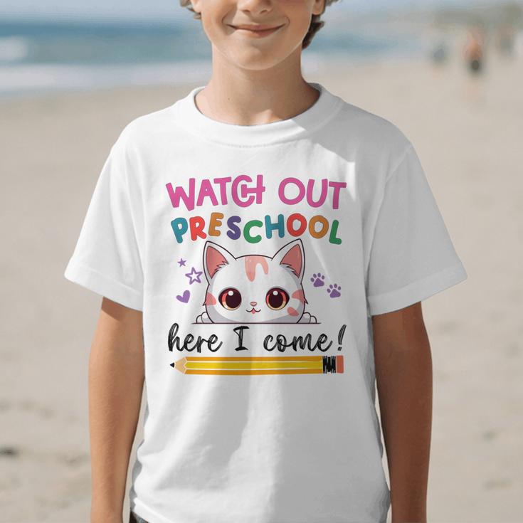 Watch Out Preschool Here I Come Girls Back To School Performance Graphic Kid T-Shirt Watch Out Preschool Here I Come Girls Back To School Performance Graphic Kid T-Shirt