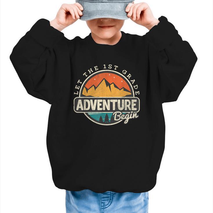 1st First Grade Shirt Adventure Begin Back To School Graphic Kid Sweatshirt 1st First Grade Shirt Adventure Begin Back To School Graphic Kid Sweatshirt