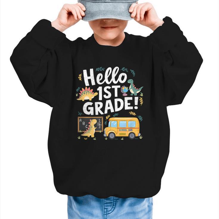 Cute Hello 1st Grade Dinosaur School Back To School Dino Bus Graphic Kid Sweatshirt