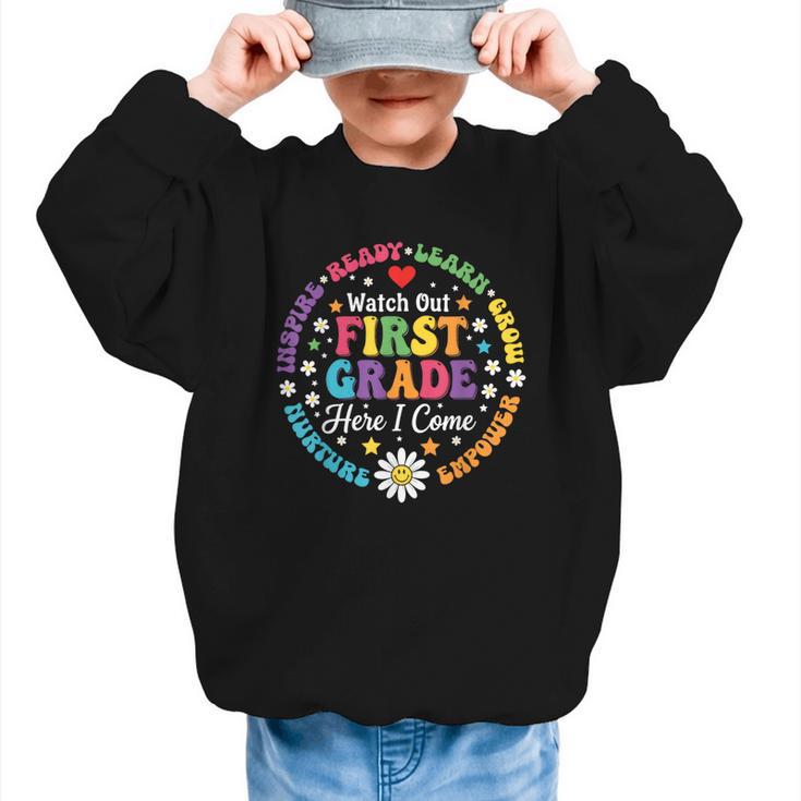 Cute Watch Out First Grade Here I Come Back To School Graphic Kid Sweatshirt