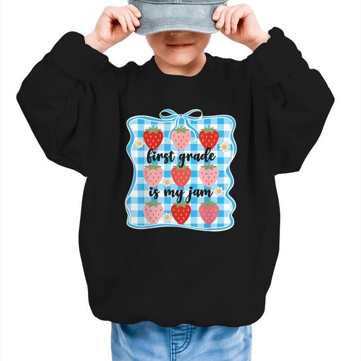 First Grade Is My Jam Strawberry 1st Grade Back To School Graphic Kid Sweatshirt