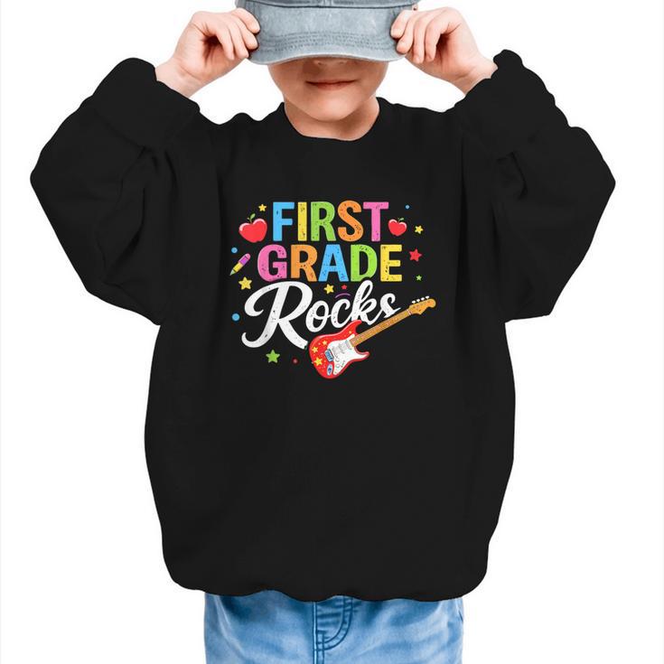 First Grade Rocks Colorful Back To School Guitar Graphic Kid Sweatshirt