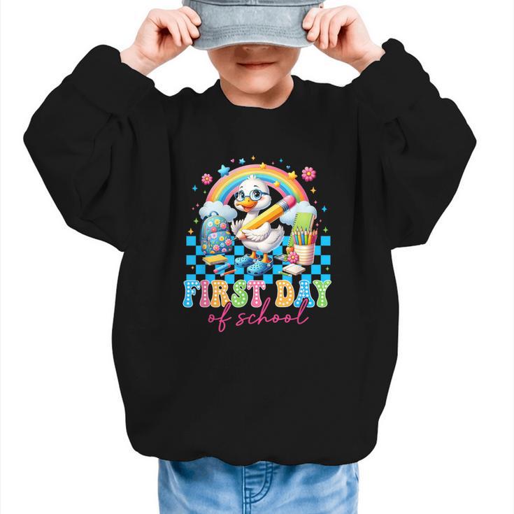 Happy First Day Of School Goose Cute Duck Back To School Graphic Kid Sweatshirt