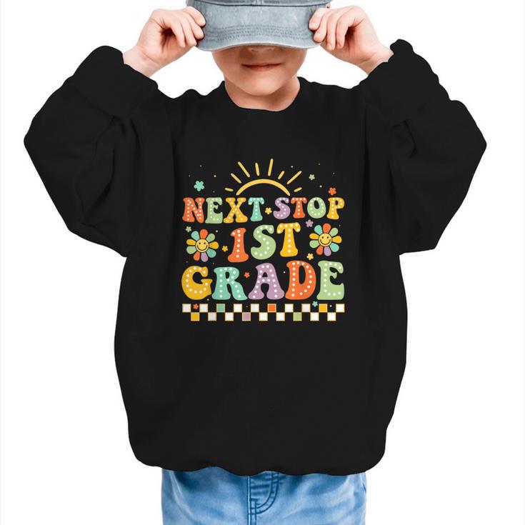 Next Stop 1st Grade Groovy Retro First Grade Back To School Graphic Kid Sweatshirt