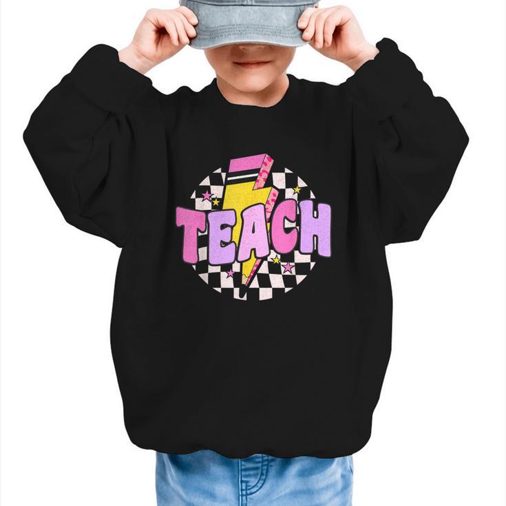 Retro Checkered Teach Pencil Lightning Back To School Graphic Kid Sweatshirt